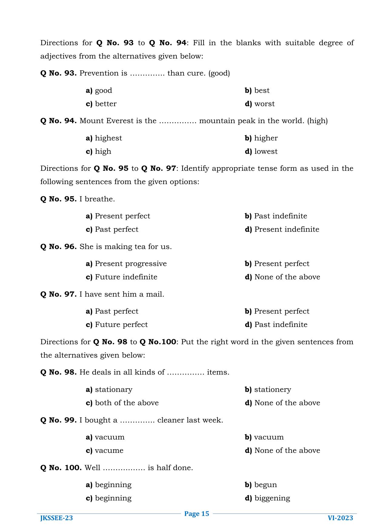 JKSSEE 2023 Class 6 Question Paper - Page 15