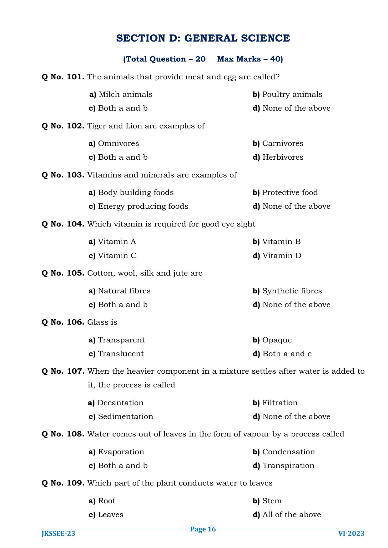 JKSSEE 2023 Class 6 Question Paper - Page 16