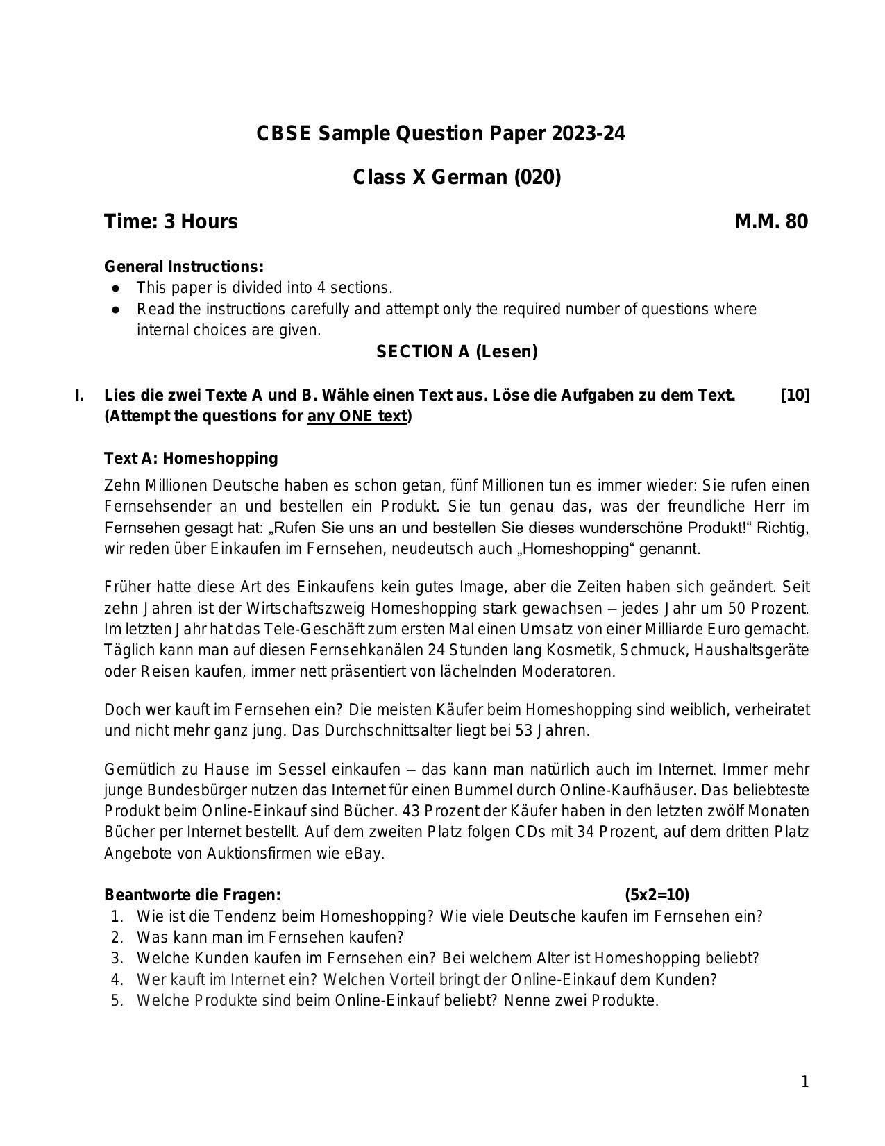 CBSE Class 10 German Sample Paper 2024 - Page 1