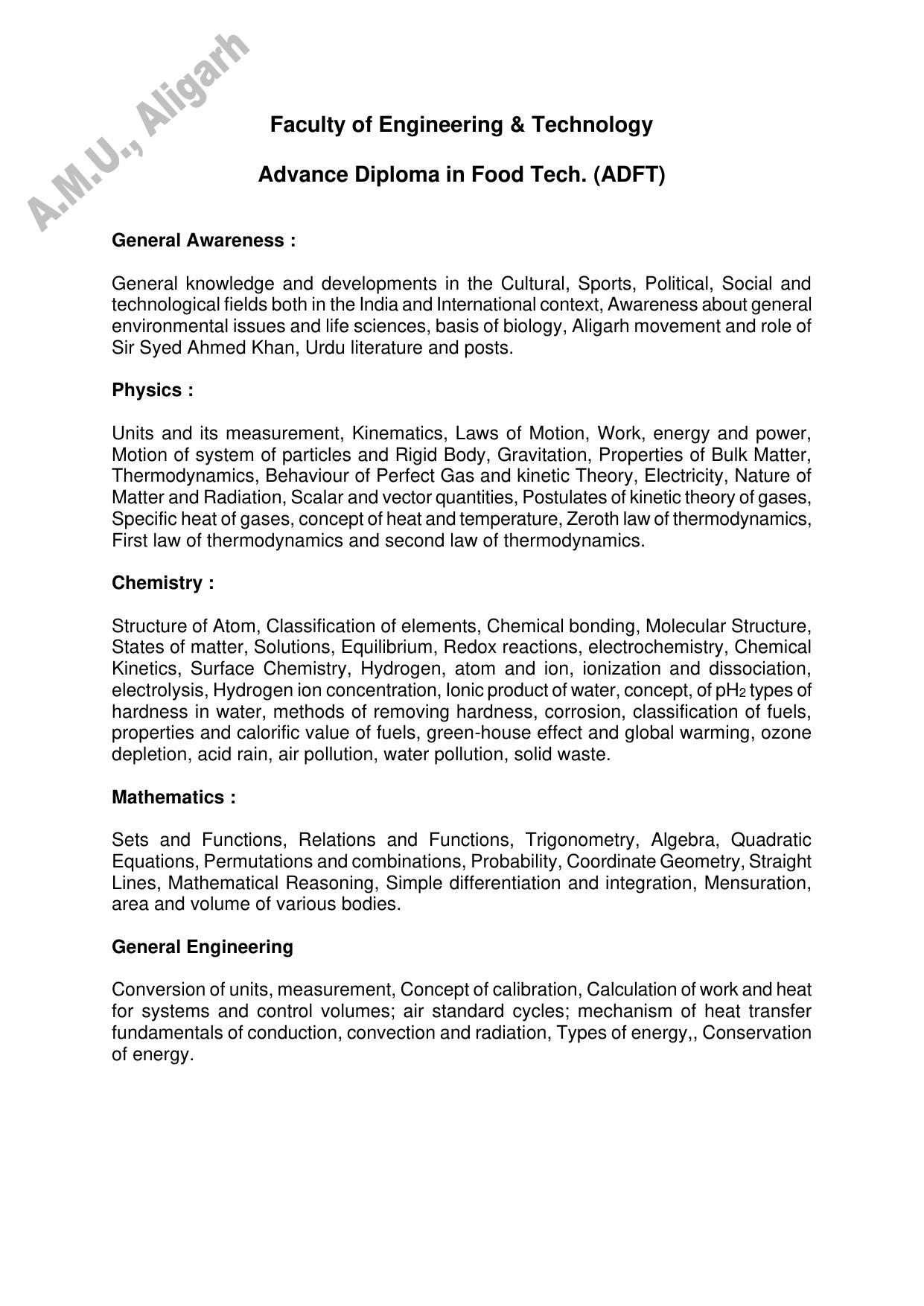 AMU Entrance Exam: Advance Diploma in Food Technology Syllabus - Page 1