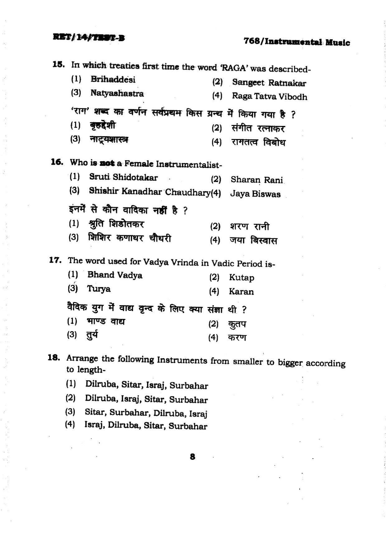 BHU RET Instrumental Music 2014 Question Paper - Page 8