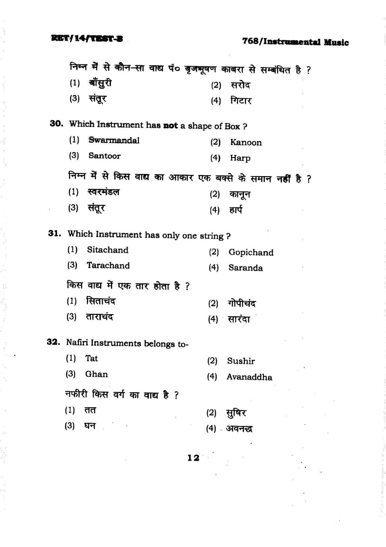 BHU RET Instrumental Music 2014 Question Paper - Page 12