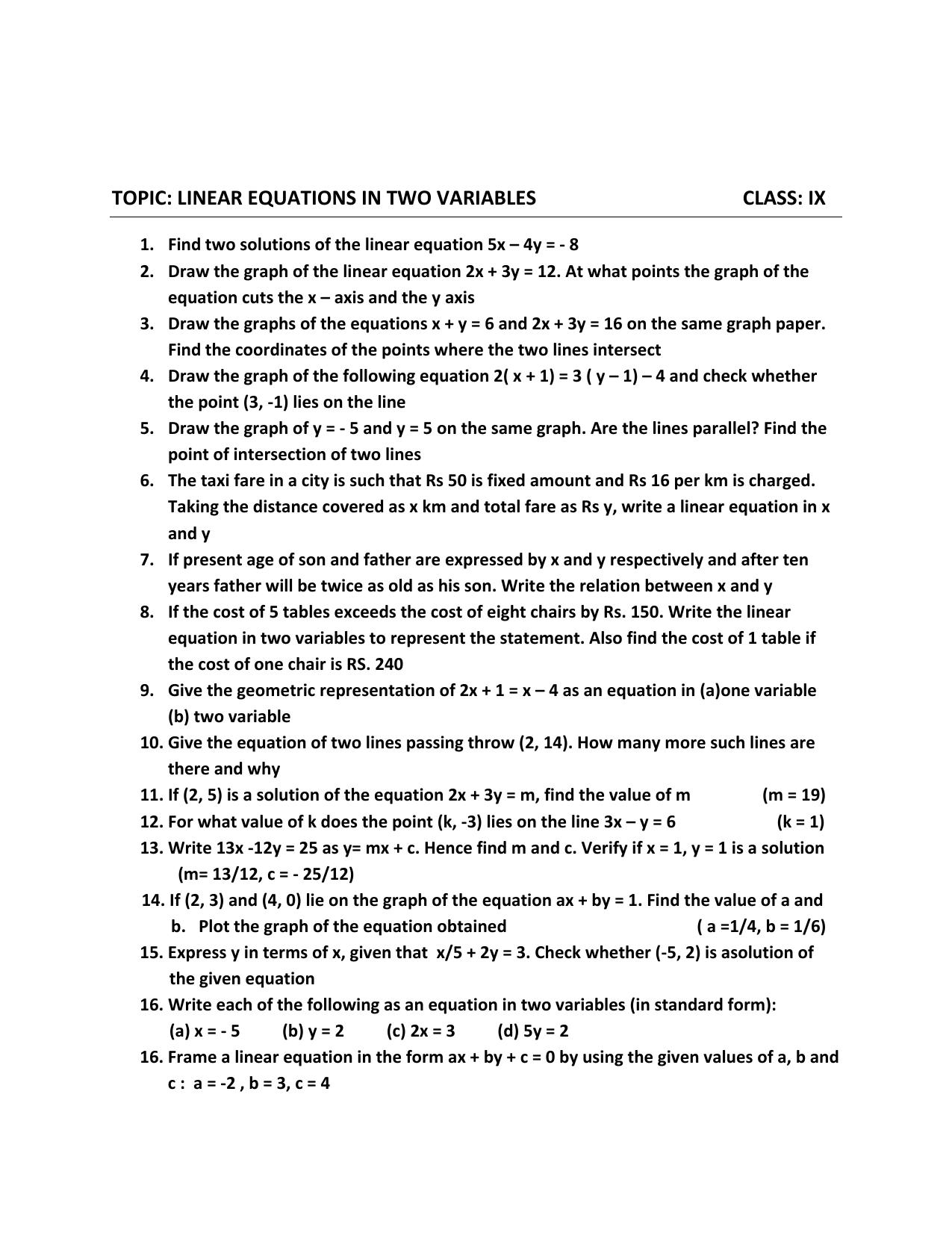 CBSE Worksheets for Class 9 Mathematics Linear Equations in Two Variables Assignment 1 - Page 1