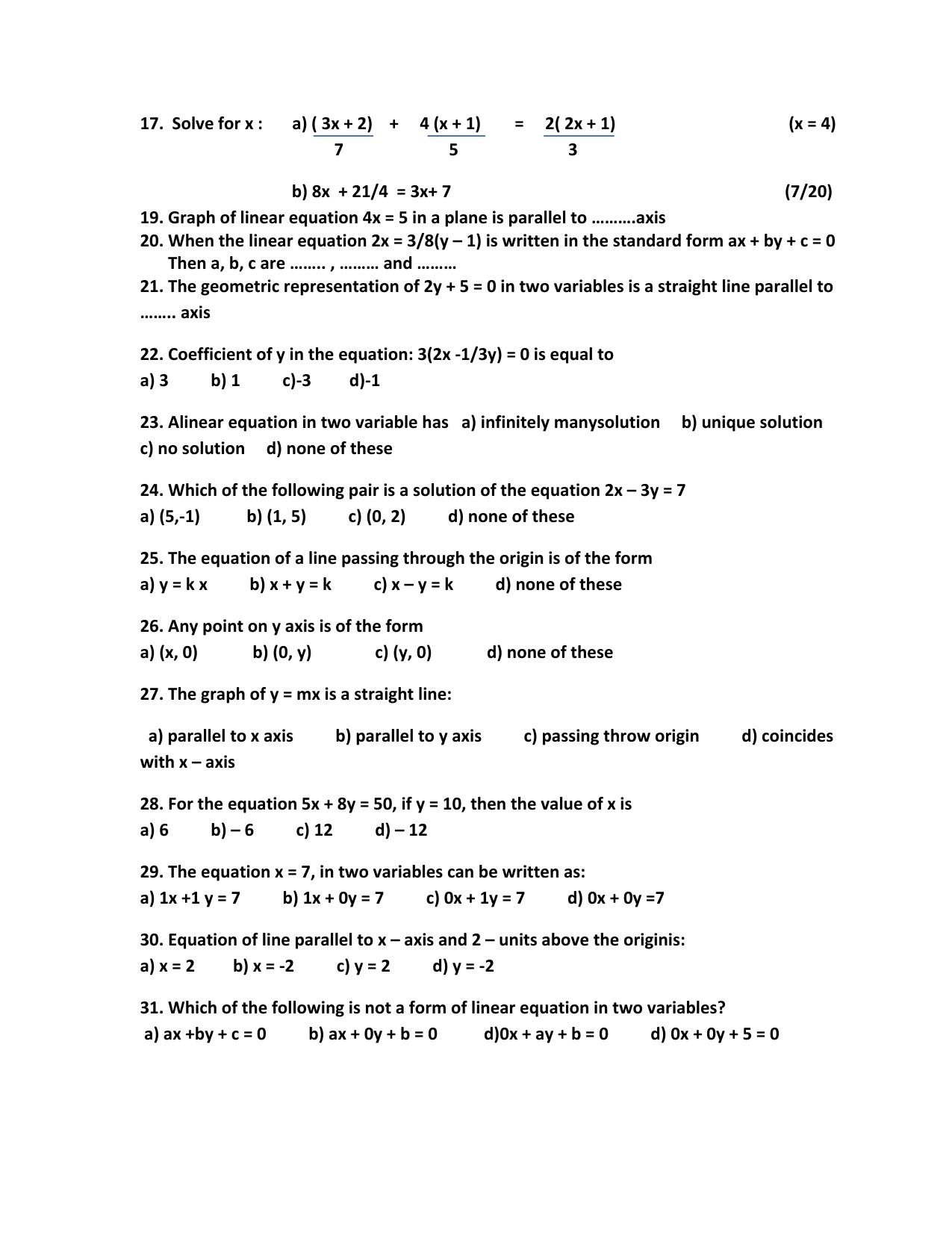 CBSE Worksheets for Class 9 Mathematics Linear Equations in Two Variables Assignment 1 - Page 2