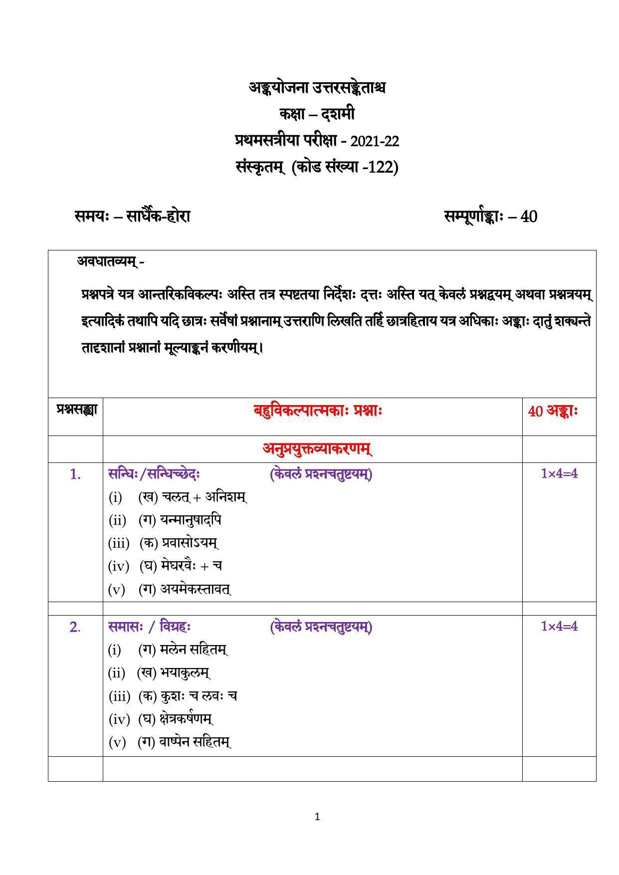 CBSE Class 10 Sanskrit Marking Scheme and Solutions 2021-22 - Page 1