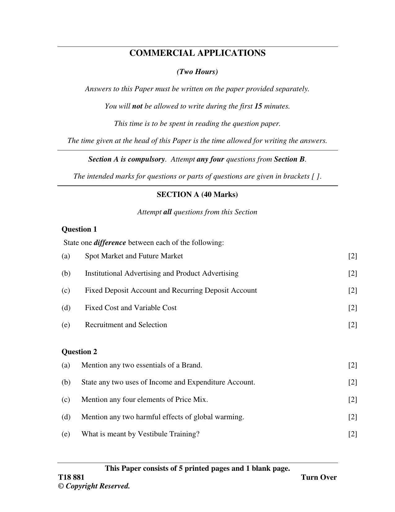 ISC Class 12 2018 Commercial Applications Question Paper - Page 1