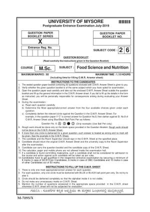 Mysore University PG Entrance Exam 2019: Food Science & Nutrition Question Paper