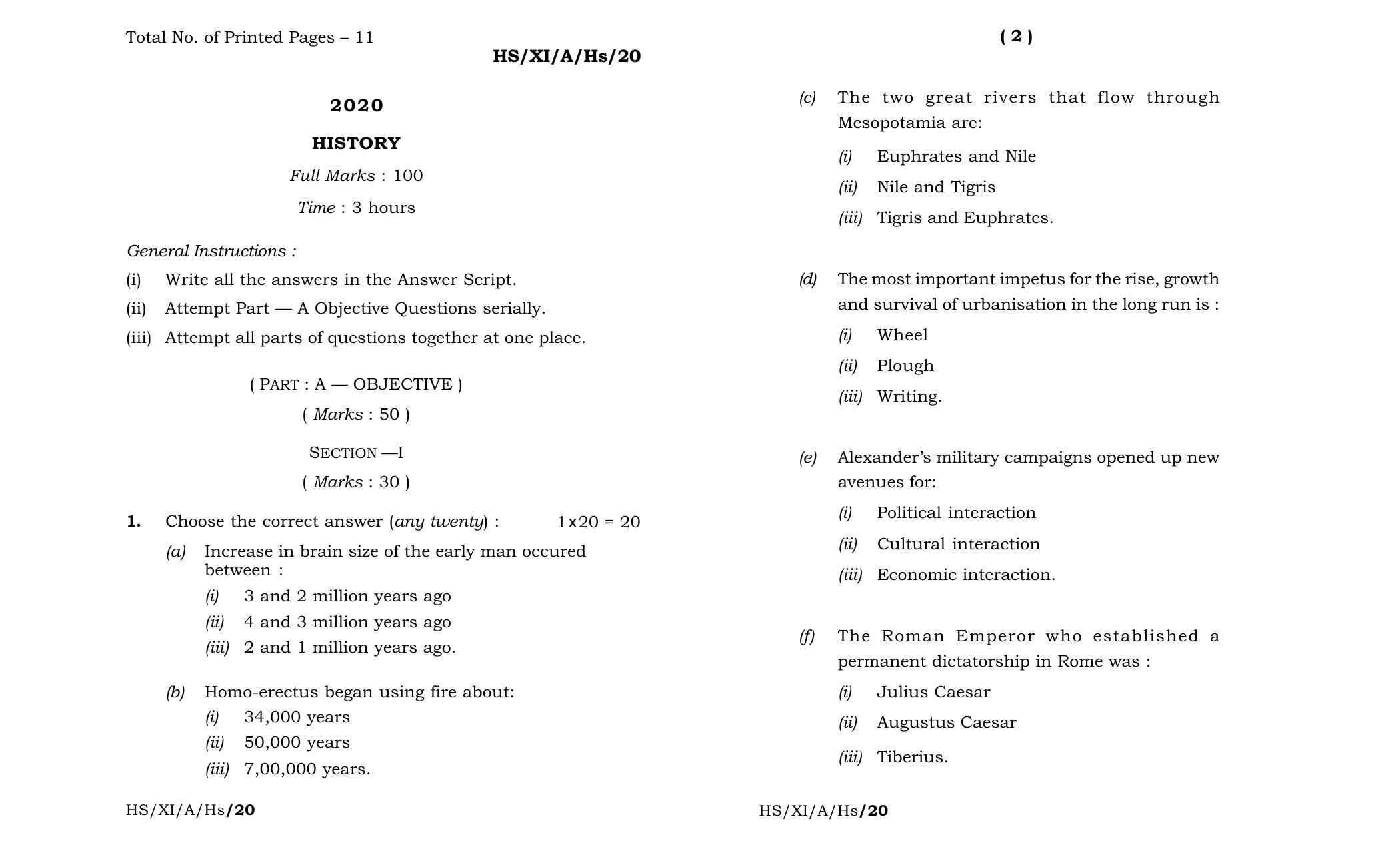 Meghalaya Board (MBOSE) Class 11 History 2020 Question Paper - Page 1