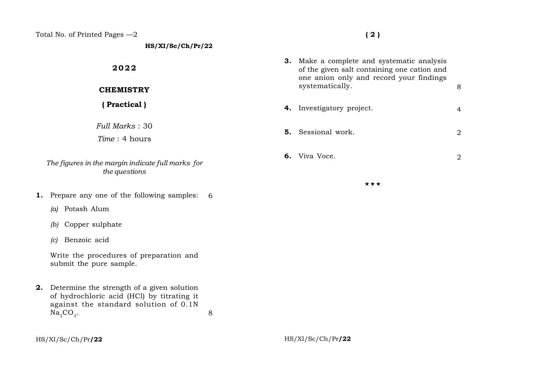 Meghalaya Board (MBOSE) Class 11 Chemistry (practical) 2022 Question Paper - Page 1