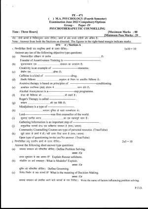 Bilaspur University Question Paper June 2022:M.A. Psychology (Fourth Semester) Psychotherapeutic Counselling Paper 1
