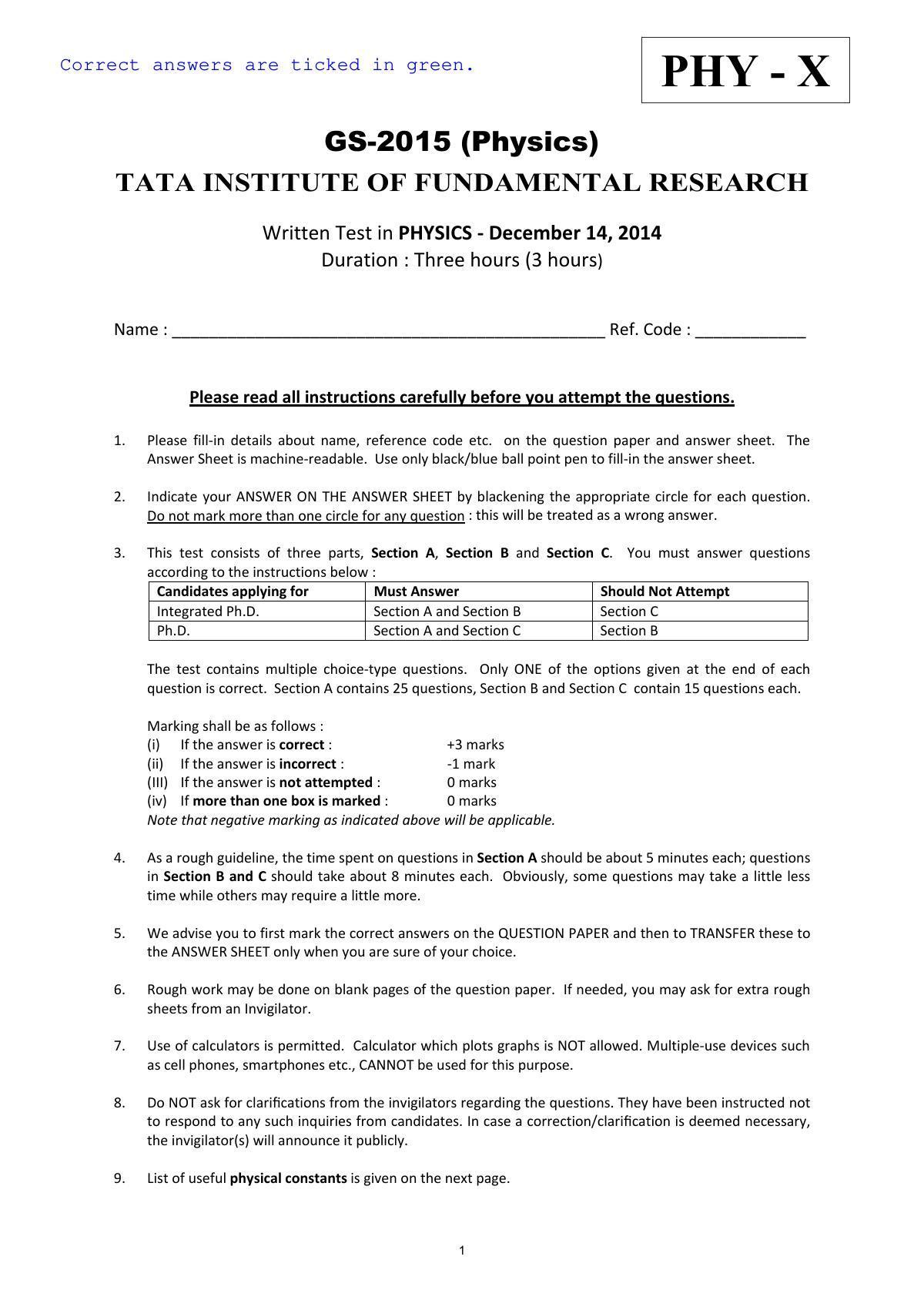 TIFR GS 2015 Physics X Question Paper - Page 1