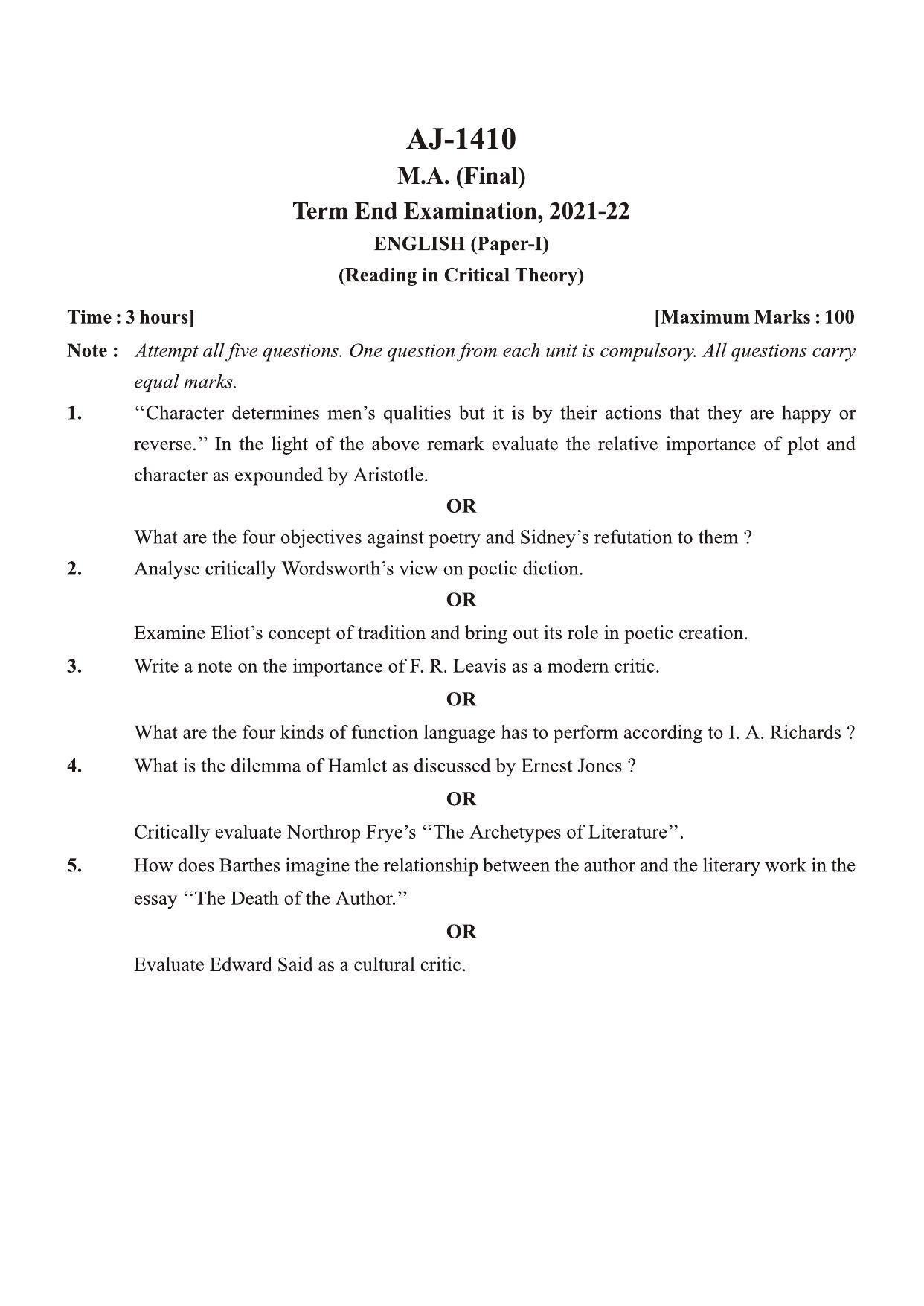 Bilaspur University Question Paper 2021-2022:M.A (Final) English Reading In Critical Theory Paper 1 - Page 1