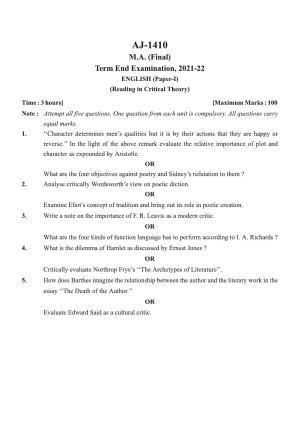 Bilaspur University Question Paper 2021-2022:M.A (Final) English Reading In Critical Theory Paper 1