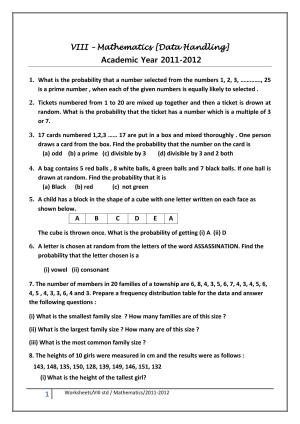 CBSE Worksheets for Class 8 Mathematics Data Handling Assignment 1