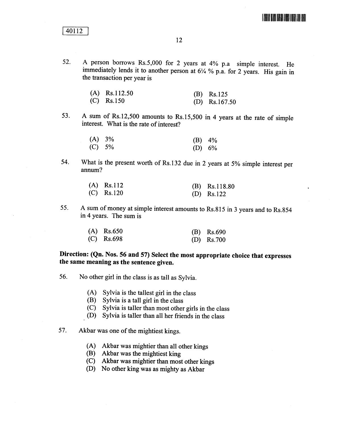 CUSAT CAT 2012 MBA Question Paper - Page 12