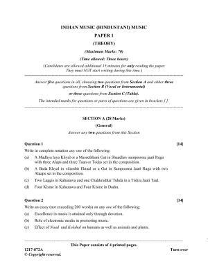 ISC Class 12 2017 INDIAN MUSIC (HINDUSTANI) MUSIC PAPER 1 (THEORY) Question Paper