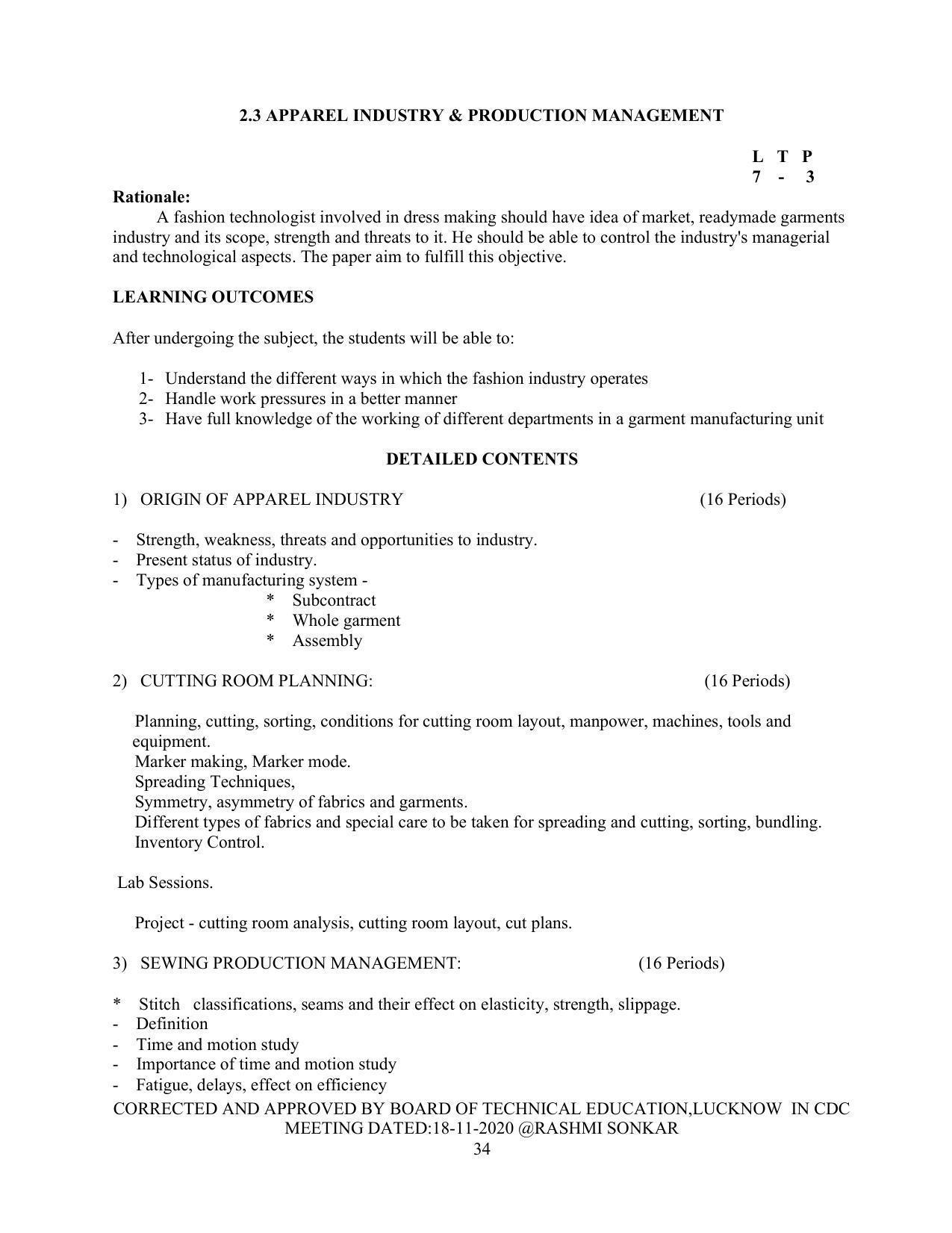 SYLLABUS FOR FIRST SEMESTER SESSION (2020-2021) - TWO SEMESTER POST GRADUATE DIPLOMA COURSE IN FASHION TECHNOLOGY - Page 34