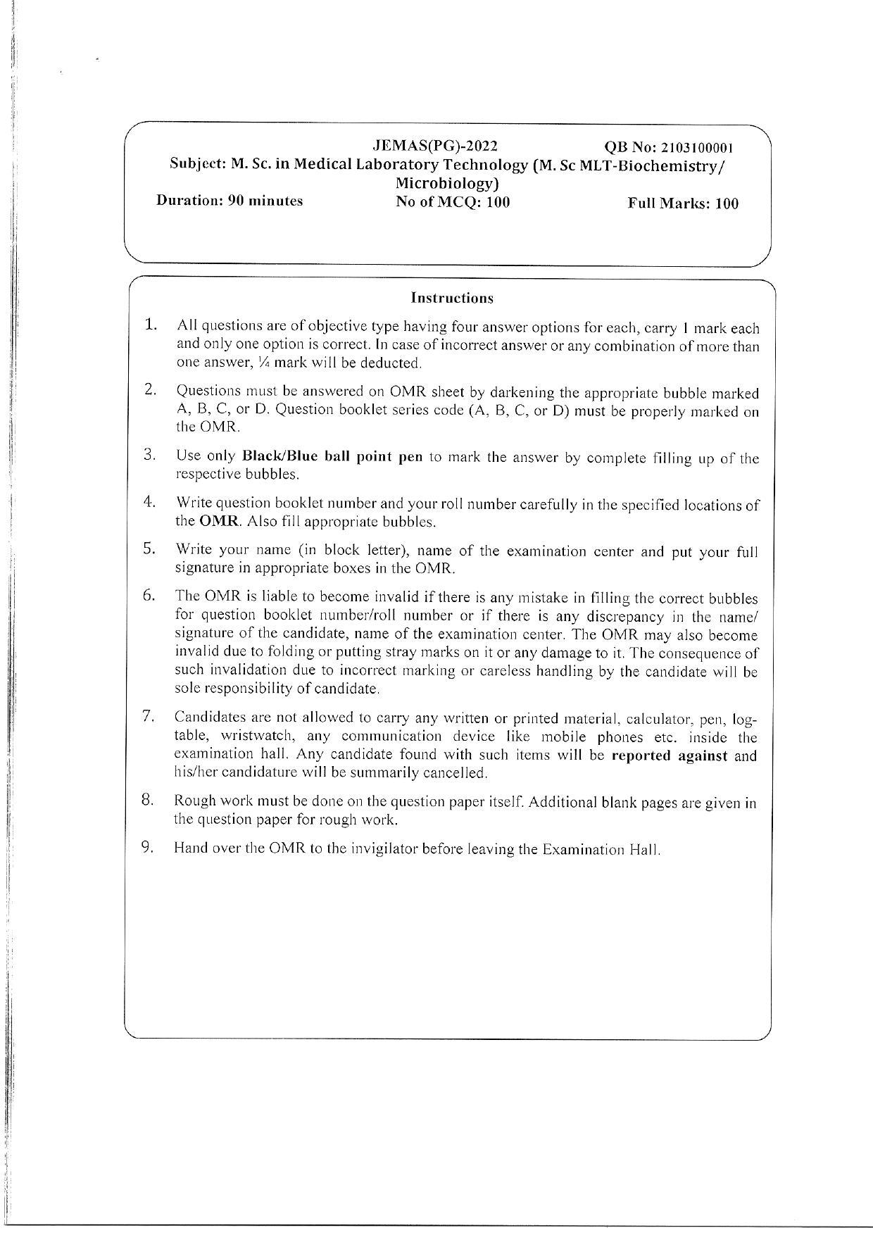 WBJEEB JEMAS (PG) 2022 MSc MLT Question Paper - Page 1