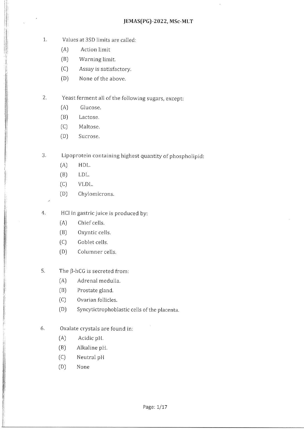 WBJEEB JEMAS (PG) 2022 MSc MLT Question Paper - Page 3