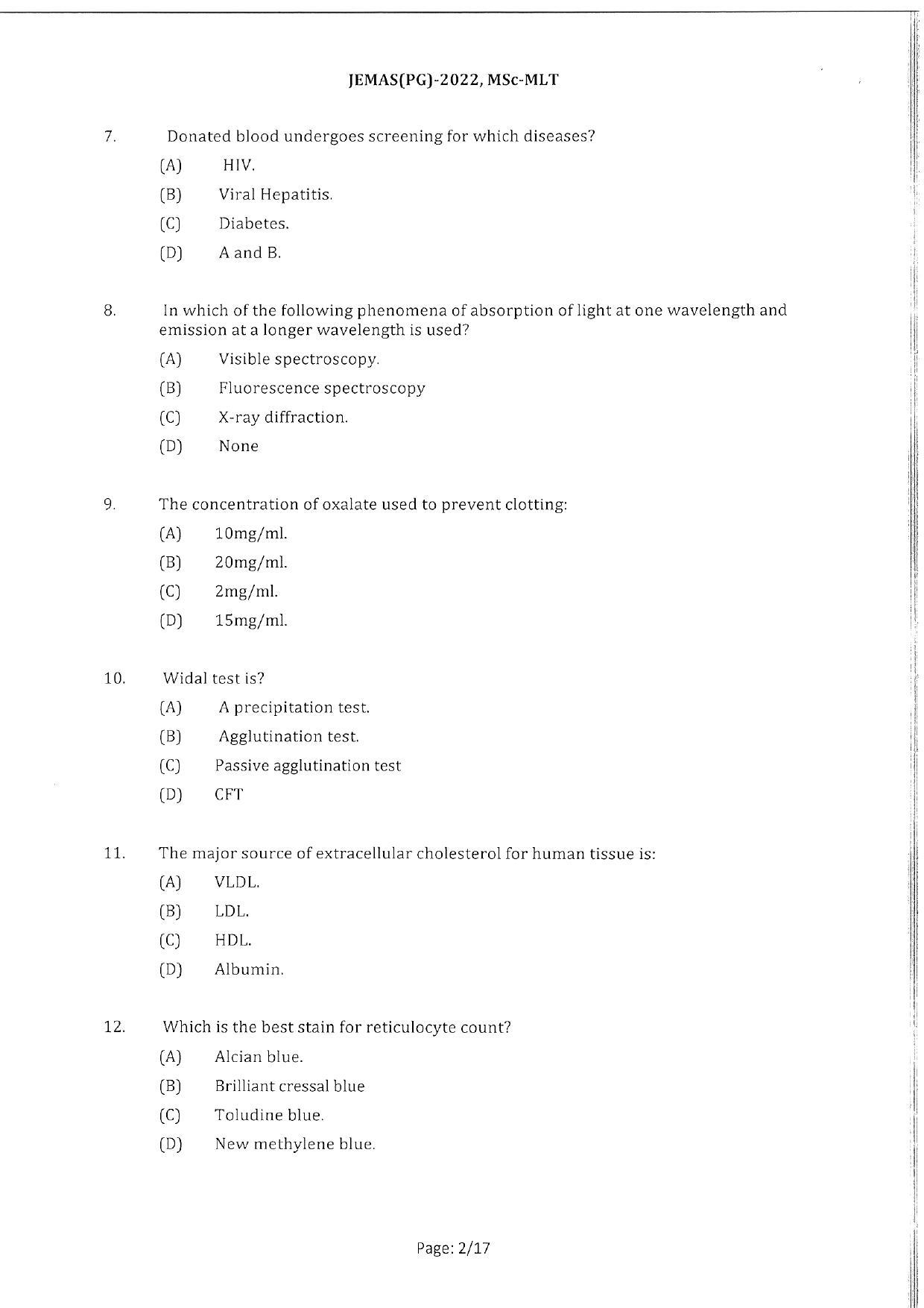 WBJEEB JEMAS (PG) 2022 MSc MLT Question Paper - Page 4