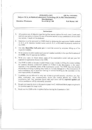 WBJEEB JEMAS (PG) 2022 MSc MLT Question Paper