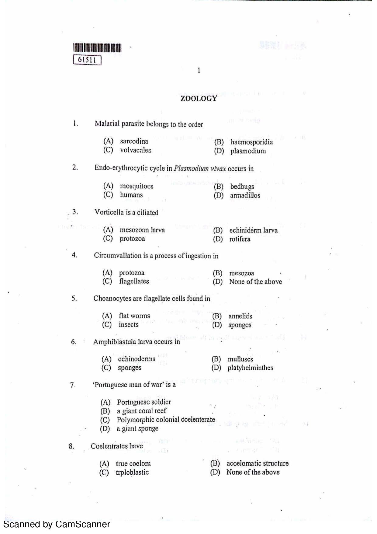 CUSAT CAT 2011 Zoology Question Paper - Page 2