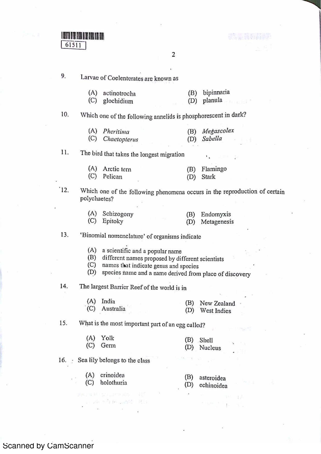 CUSAT CAT 2011 Zoology Question Paper - Page 3