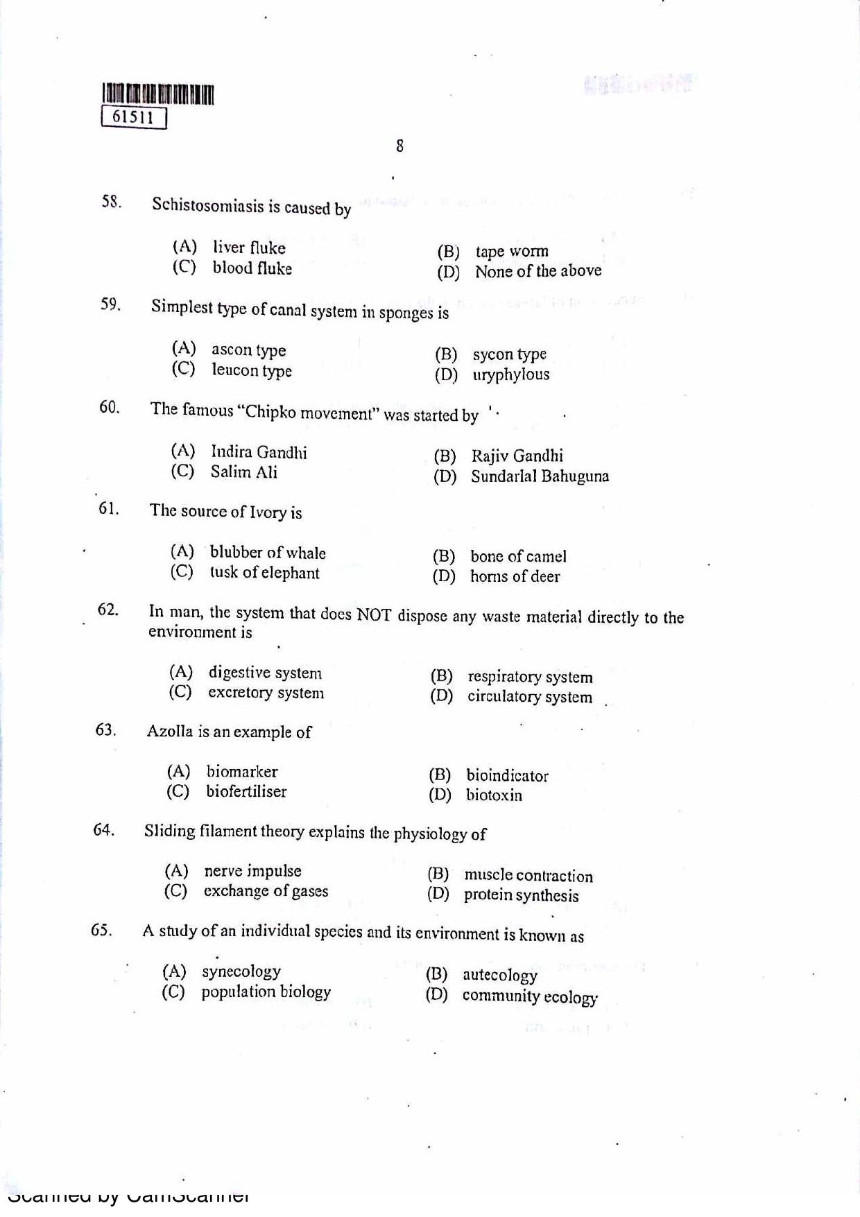 CUSAT CAT 2011 Zoology Question Paper - Page 9