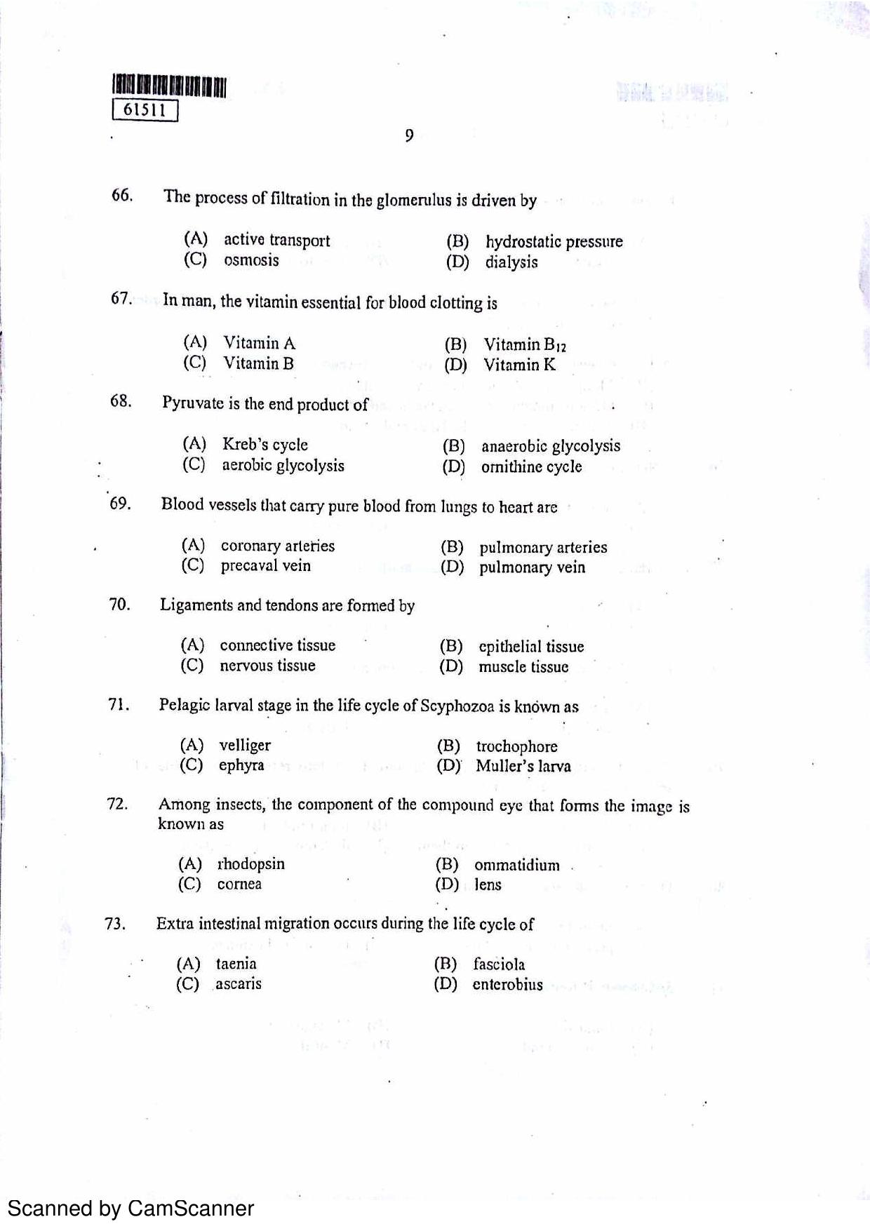 CUSAT CAT 2011 Zoology Question Paper - Page 10