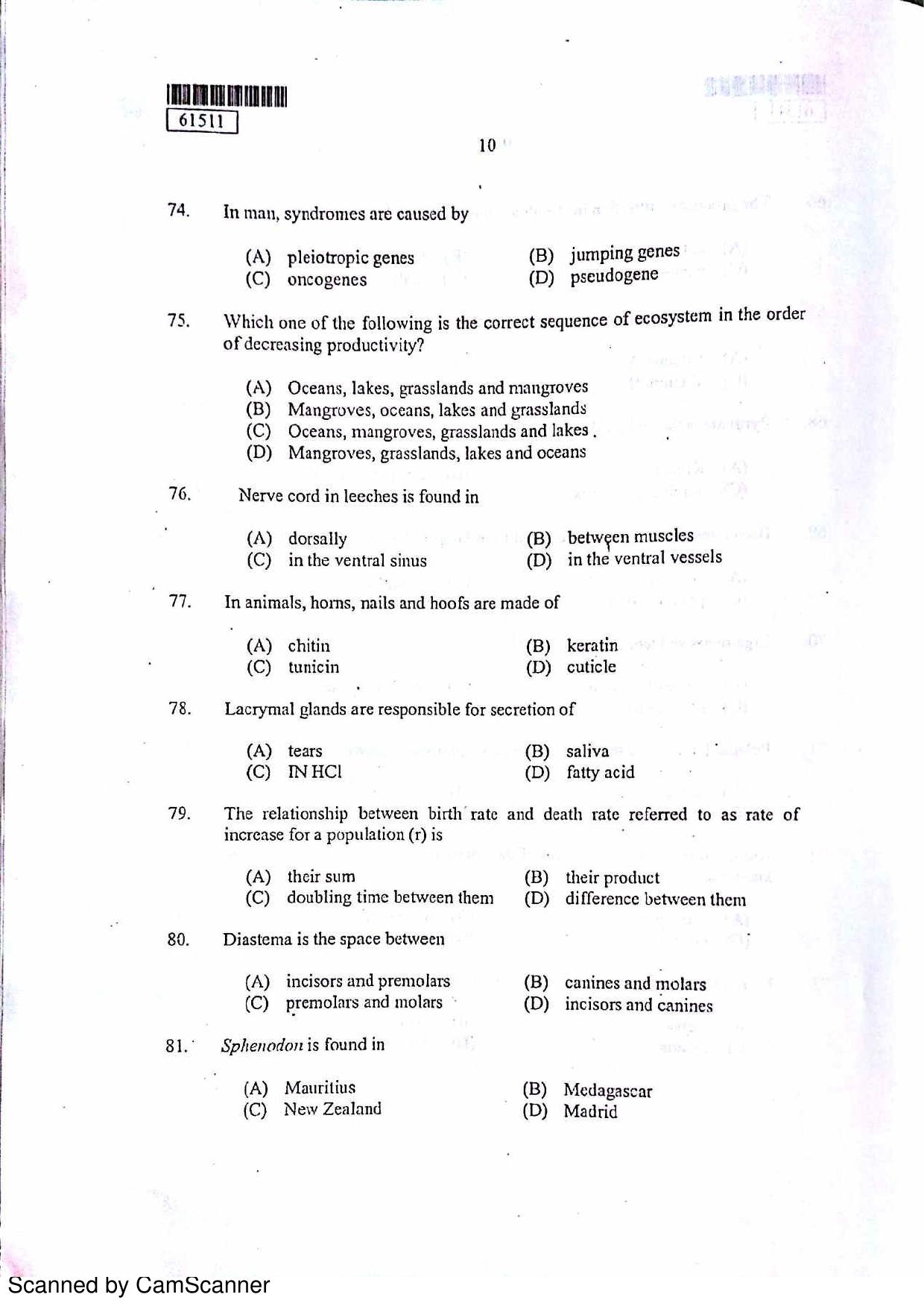CUSAT CAT 2011 Zoology Question Paper - Page 11