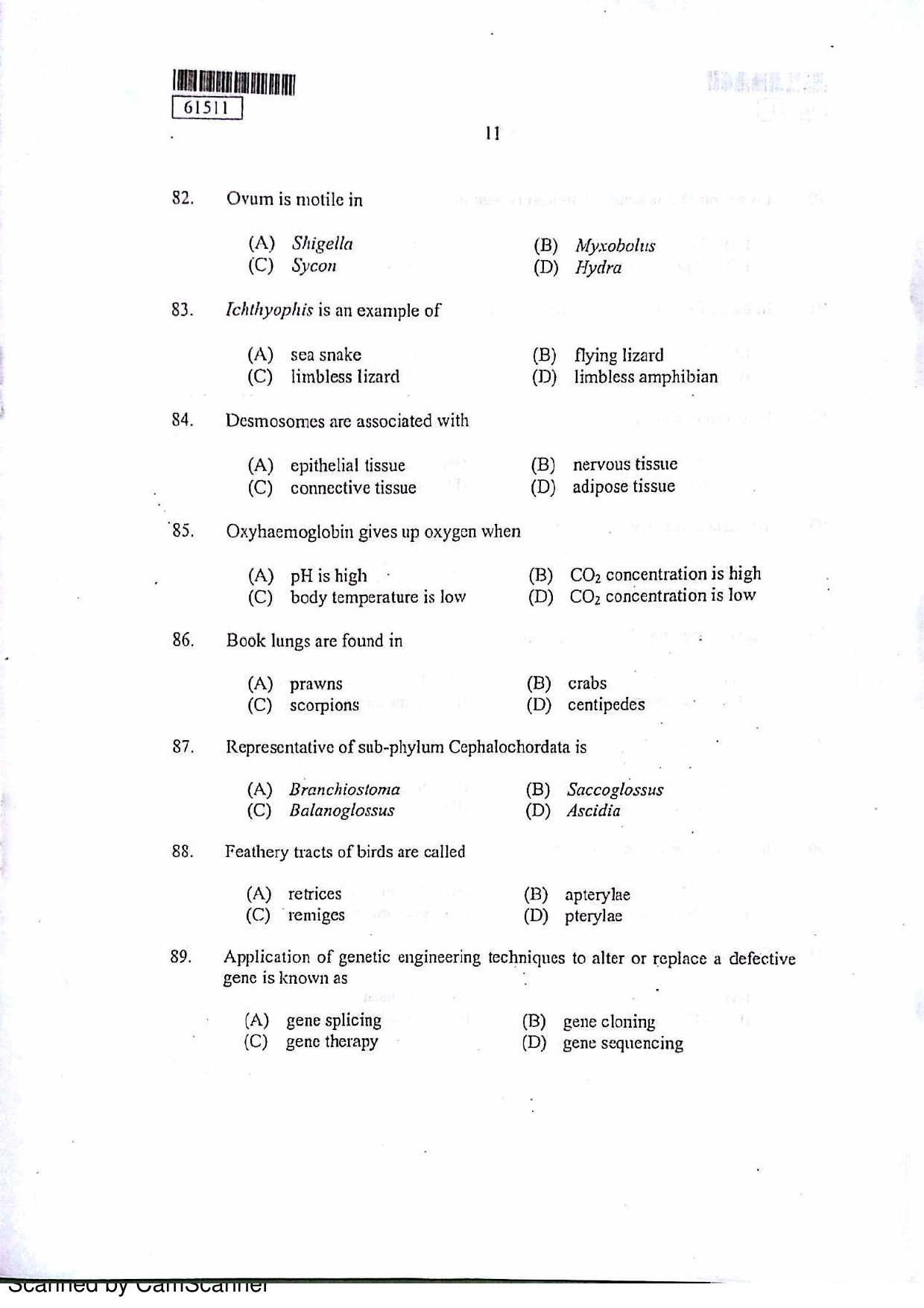 CUSAT CAT 2011 Zoology Question Paper - Page 12