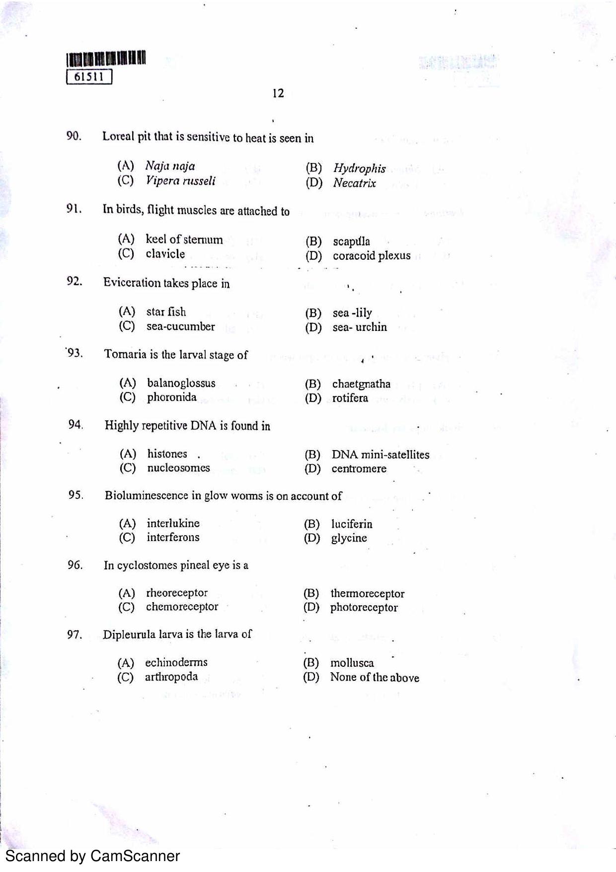 CUSAT CAT 2011 Zoology Question Paper - Page 13