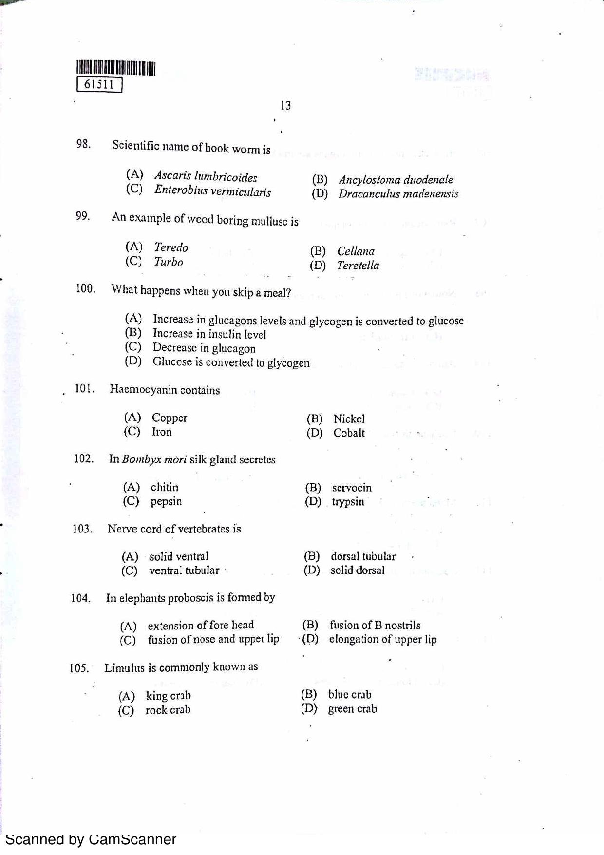 CUSAT CAT 2011 Zoology Question Paper - Page 14