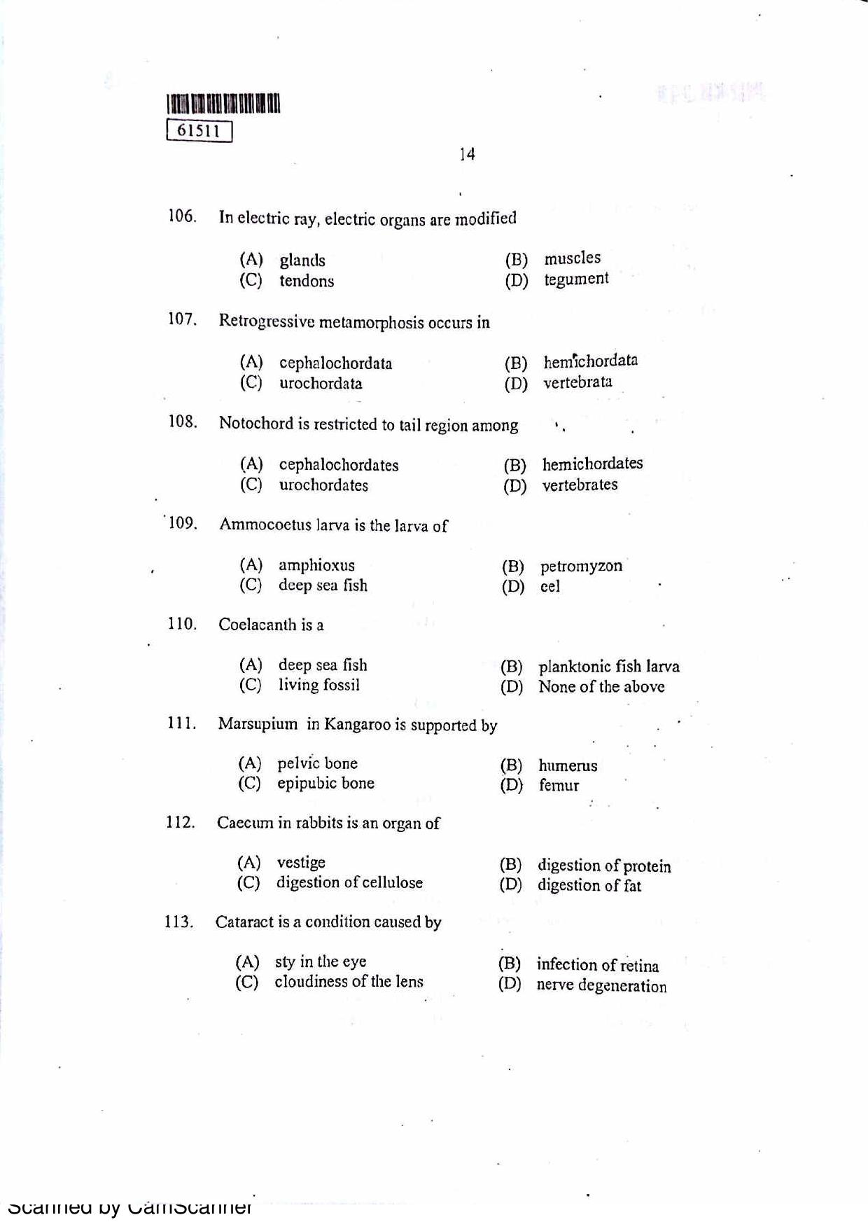 CUSAT CAT 2011 Zoology Question Paper - Page 15