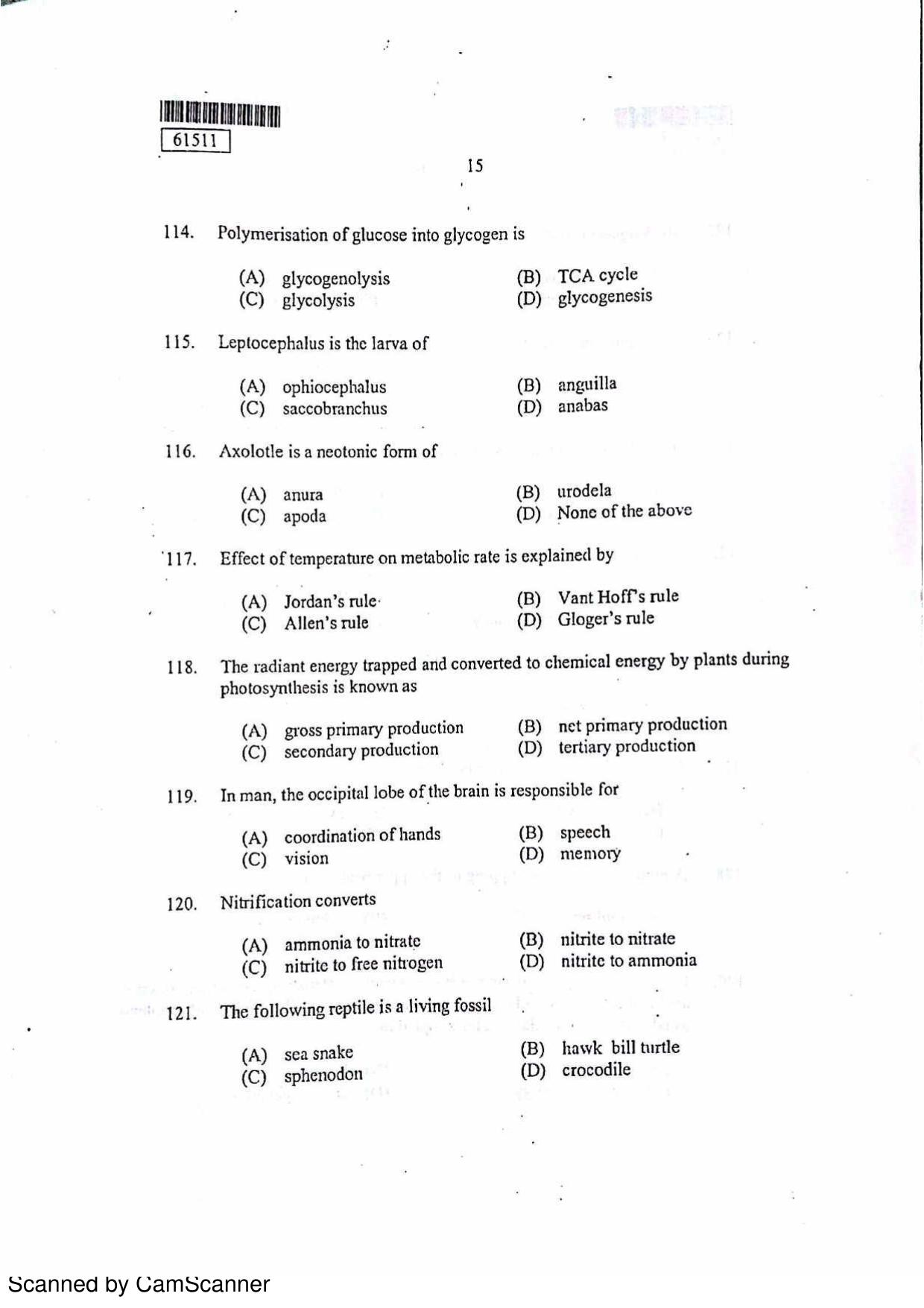 CUSAT CAT 2011 Zoology Question Paper - Page 16