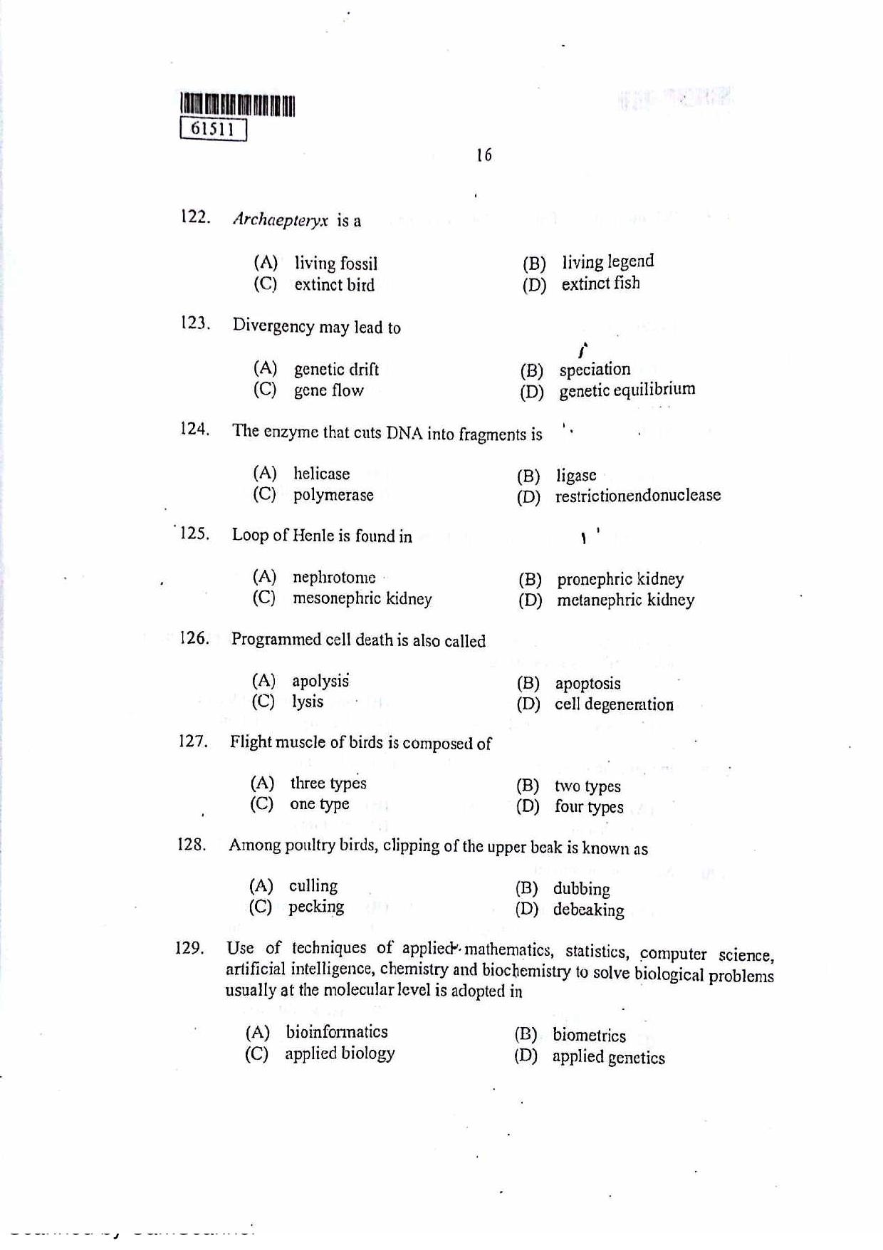 CUSAT CAT 2011 Zoology Question Paper - Page 17