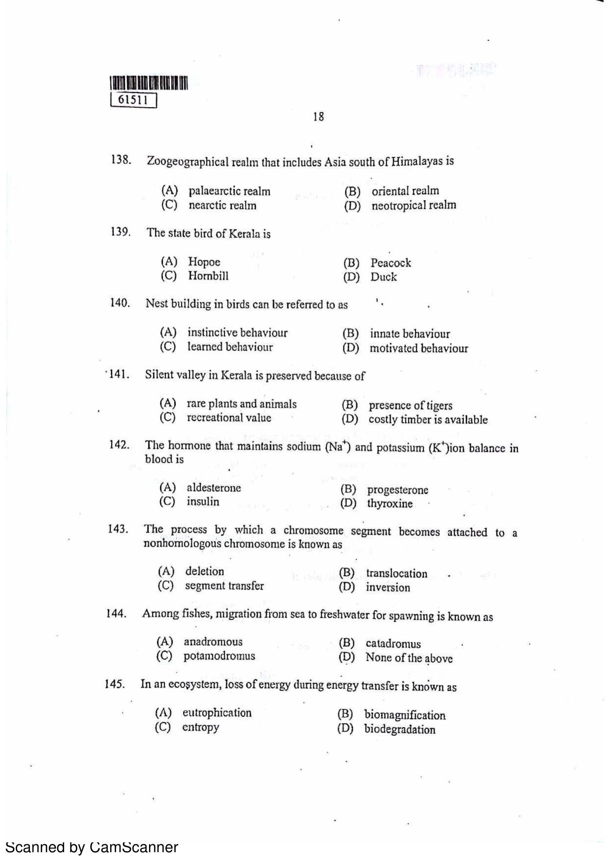 CUSAT CAT 2011 Zoology Question Paper - Page 19