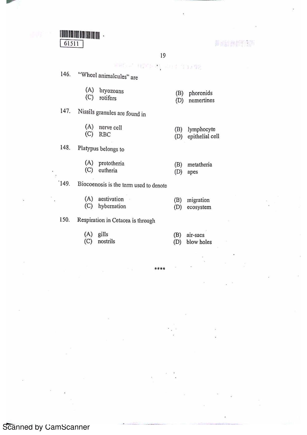 CUSAT CAT 2011 Zoology Question Paper - Page 20