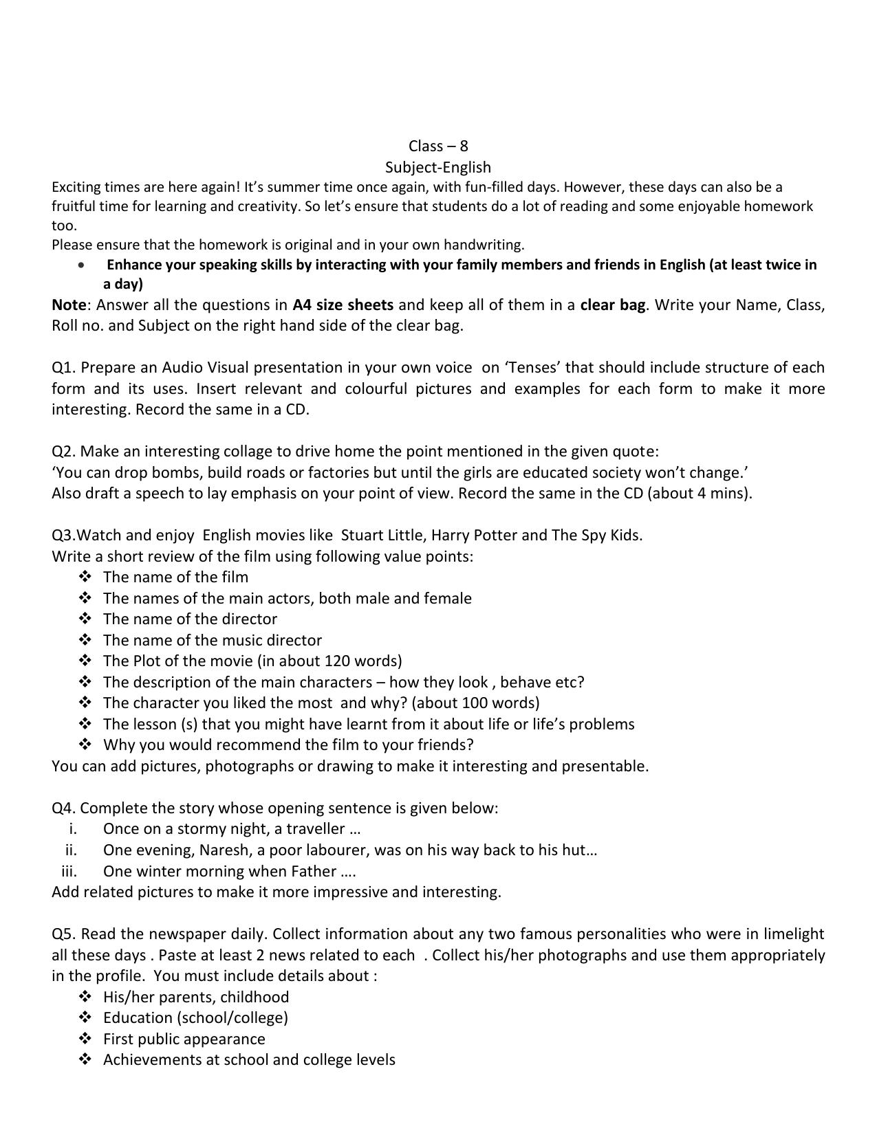 CBSE Worksheets for Class 8 English Assignment 18 - Page 1