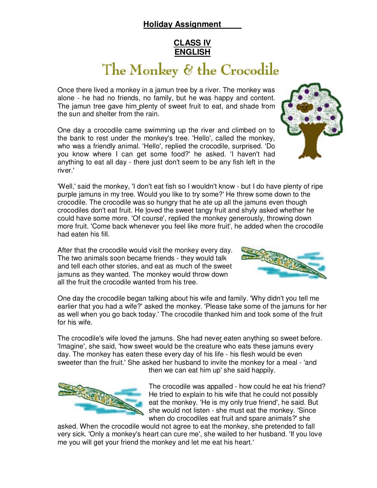 Worksheet for Class 4 English Assignment 112 Monkey Crocodile - Page 1