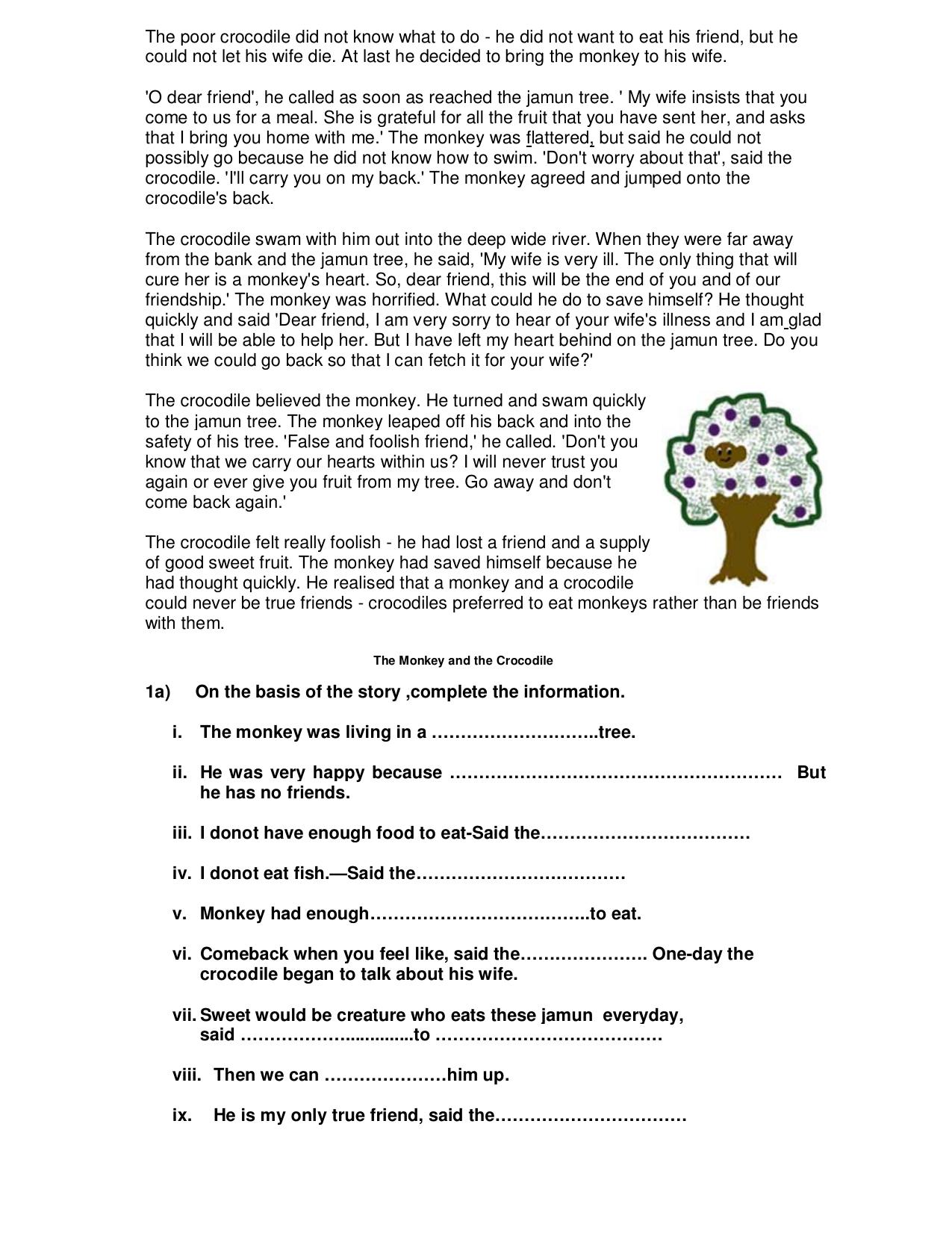 Worksheet for Class 4 English Assignment 112 Monkey Crocodile - Page 2