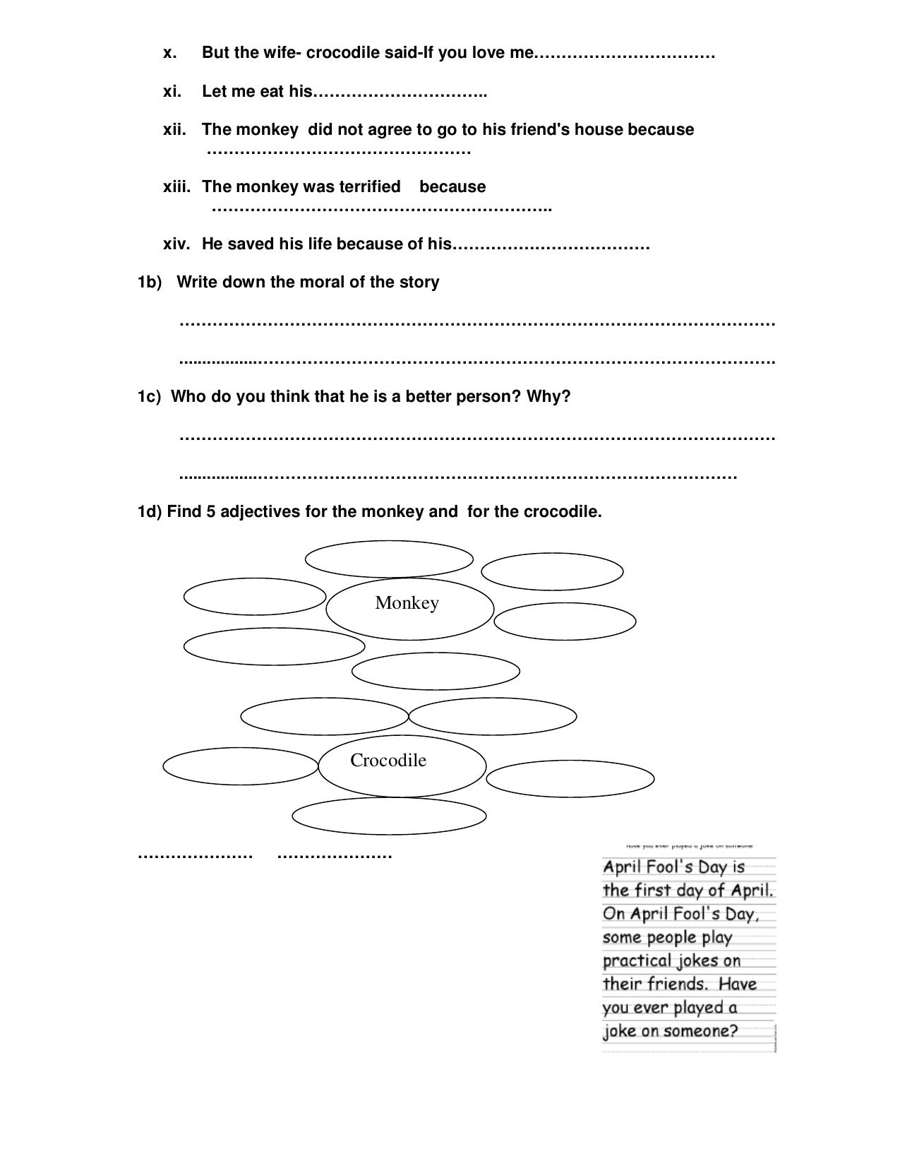 Worksheet for Class 4 English Assignment 112 Monkey Crocodile - Page 3