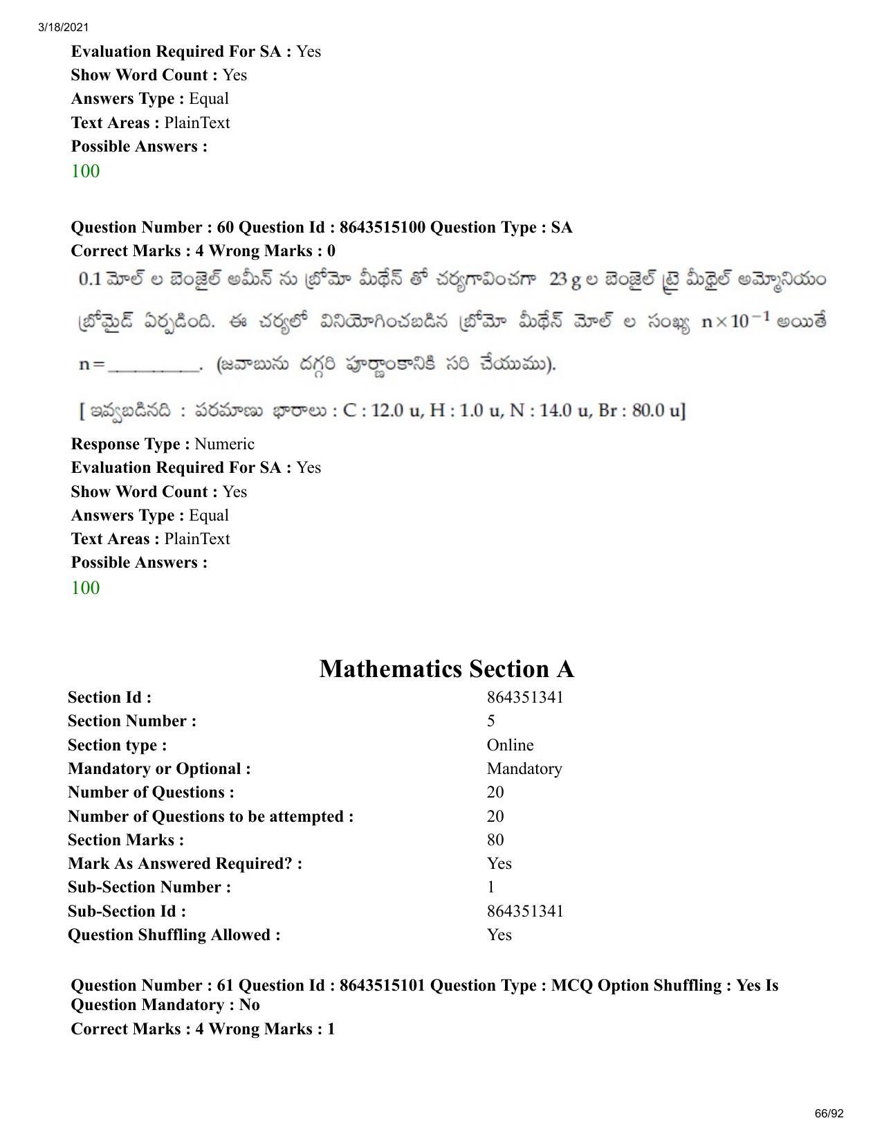 JEE Mains 2021: BTech ETE (Shift 1) 18-03-2021 Question Paper - Page 66