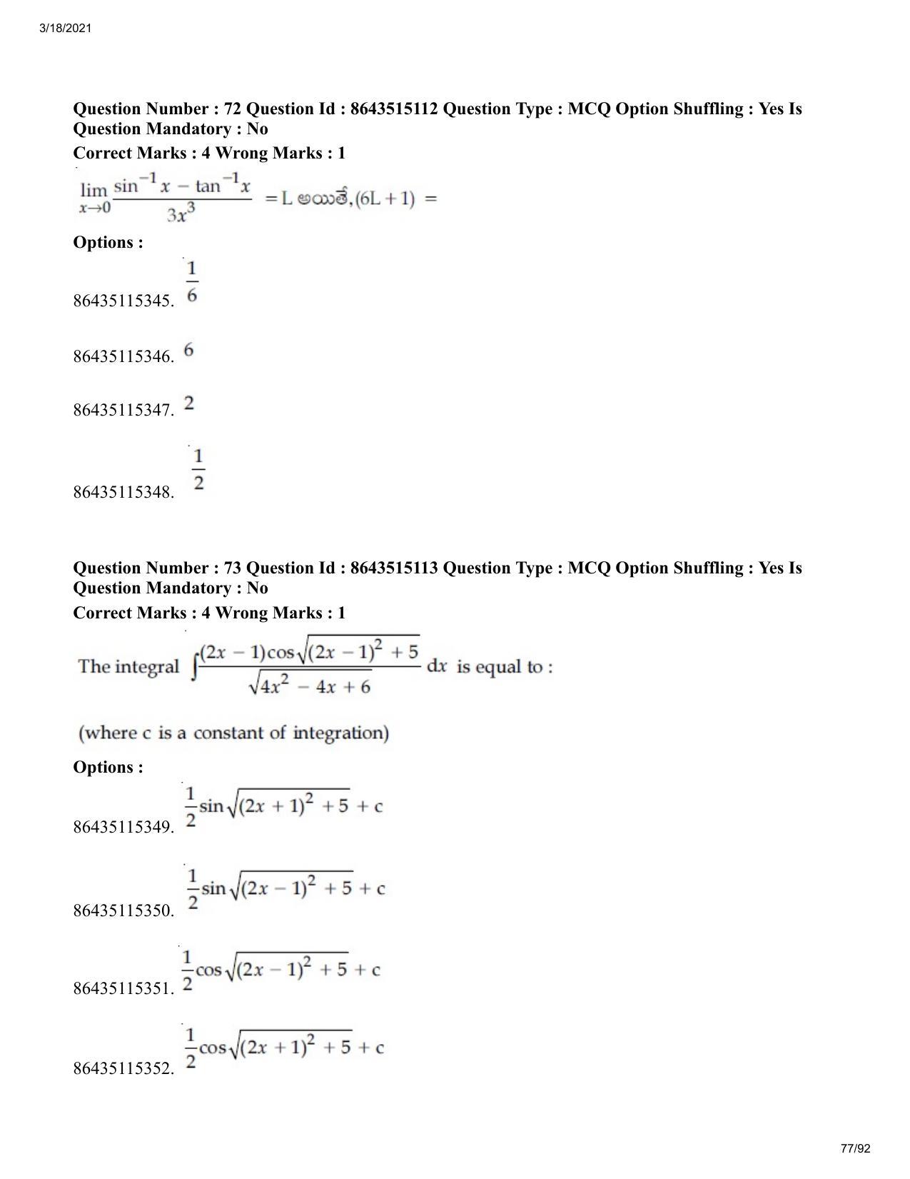 JEE Mains 2021: BTech ETE (Shift 1) 18-03-2021 Question Paper - Page 77