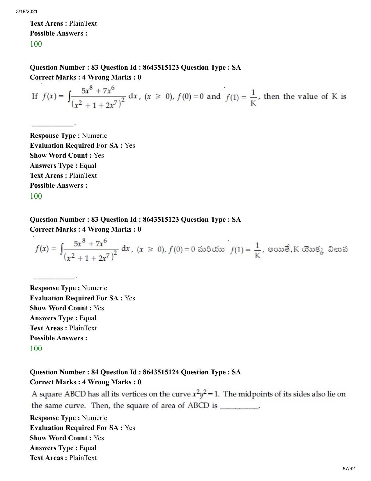 JEE Mains 2021: BTech ETE (Shift 1) 18-03-2021 Question Paper - Page 87