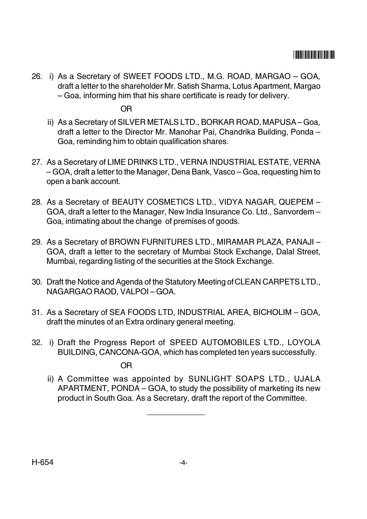 Goa Board Class 12 Secretarial Practice  654 New Pattern Paper 2 (June 2018) Question Paper - Page 4