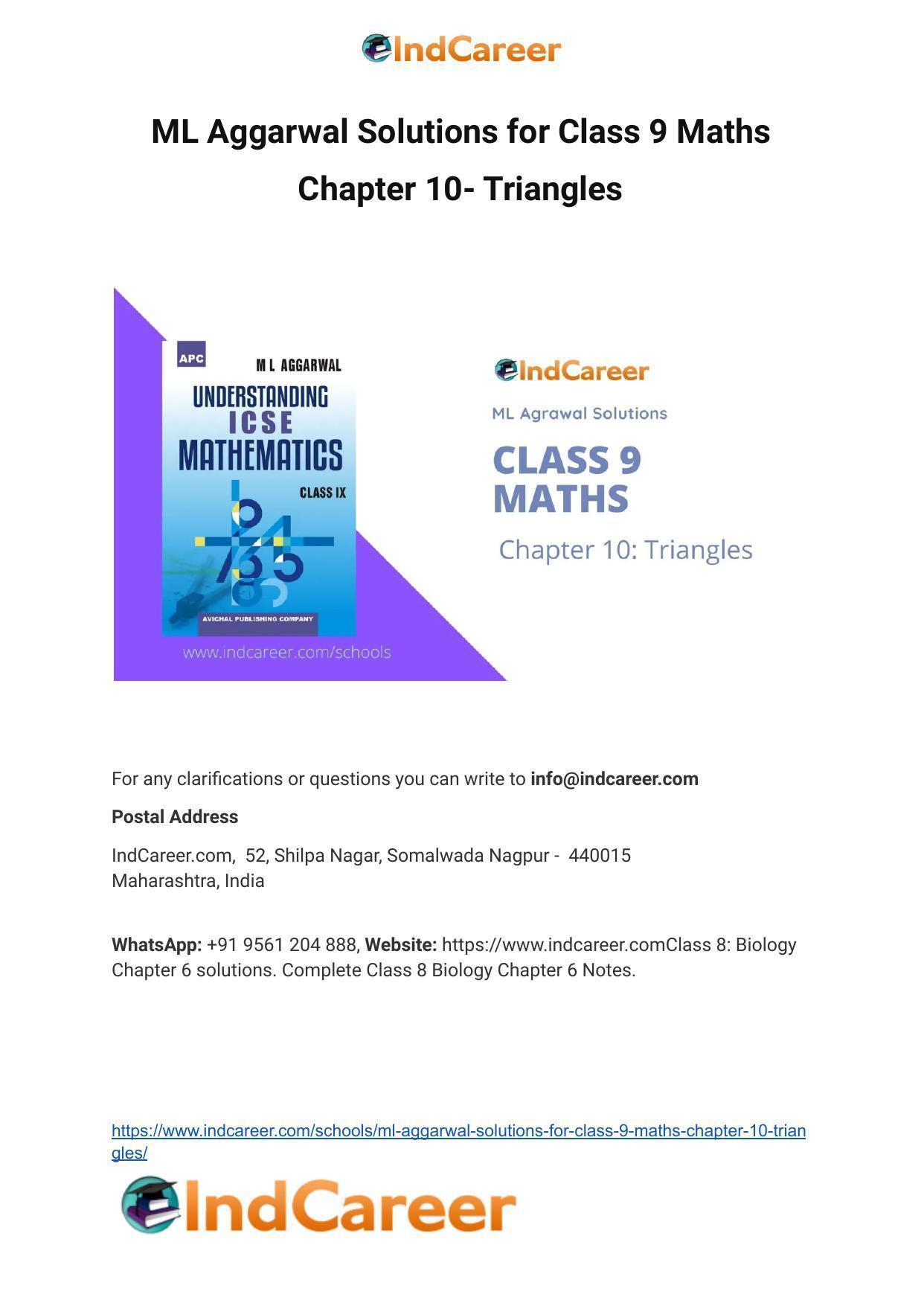 ML Aggarwal Solutions for Class 9 Maths Chapter 10- Triangles - Page 1