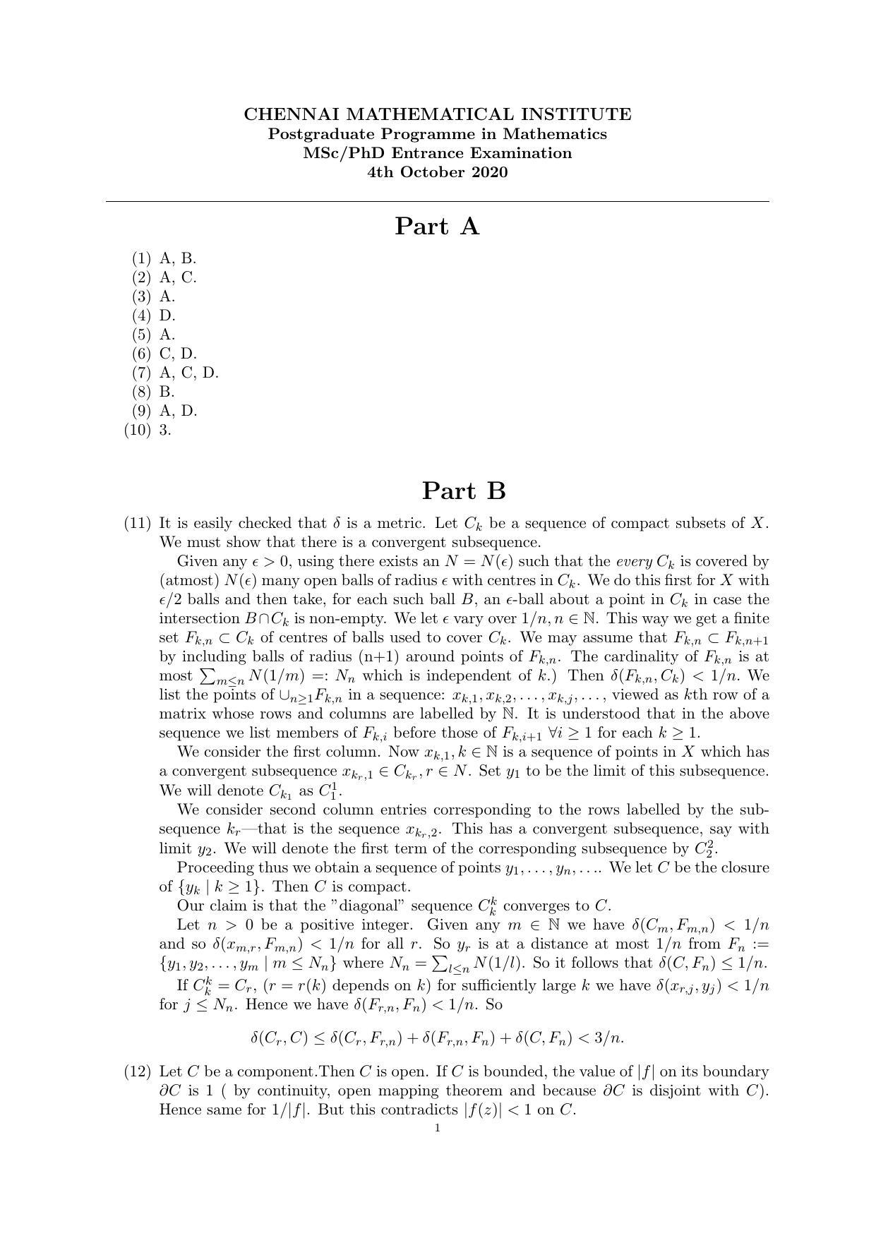 CMI Entrance Exam 2020 Solutions MSc/PhD Mathematics - Page 1