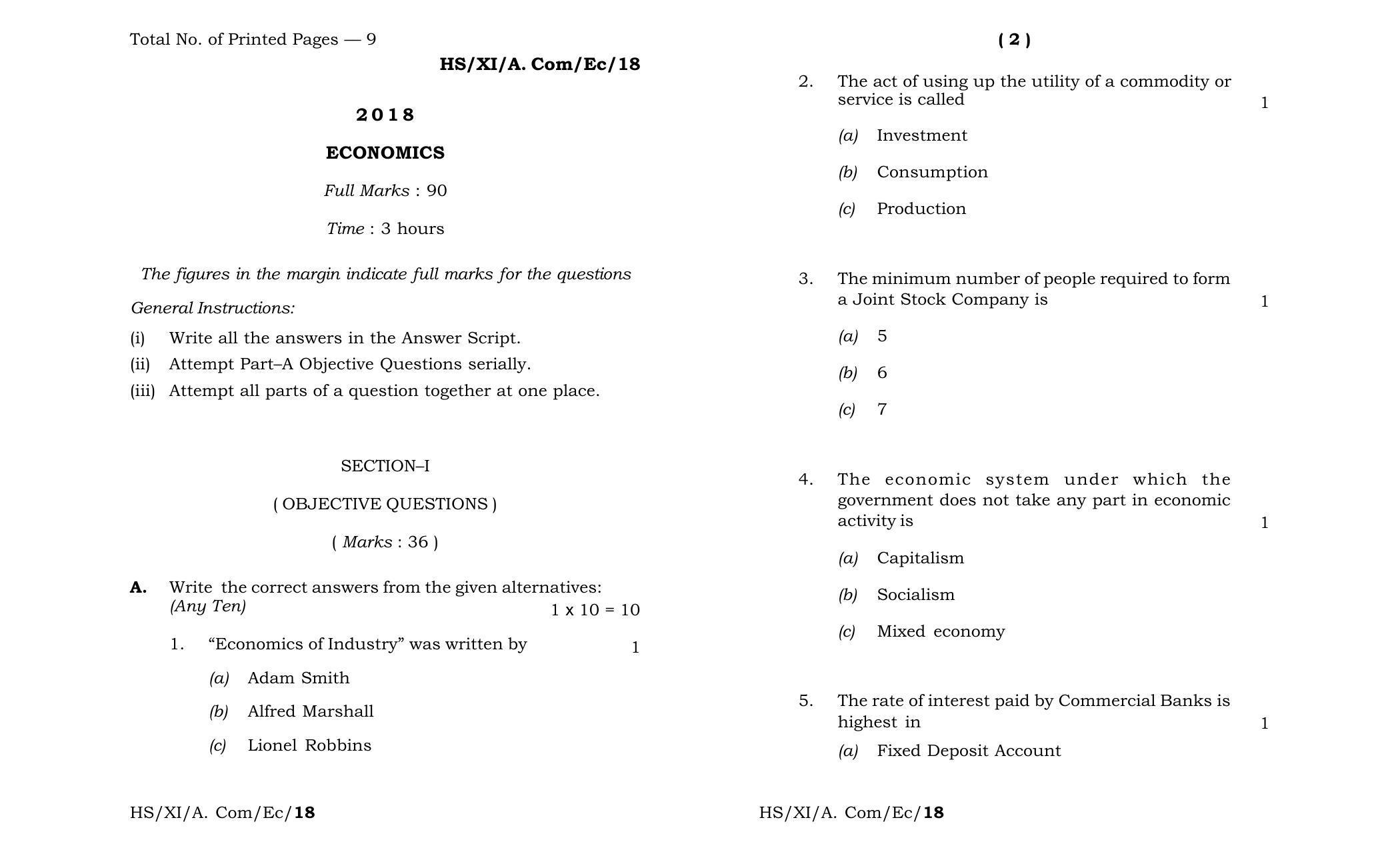 Meghalaya Board (MBOSE) Class 11 Economics 2018 Question Paper - Page 1