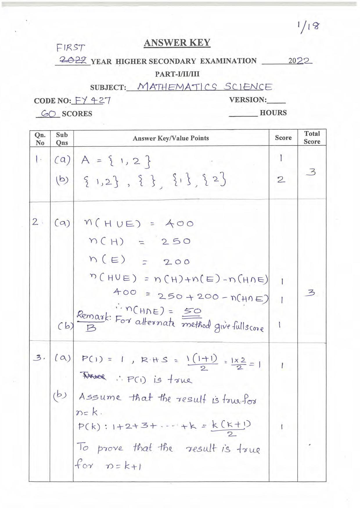 Kerala Plus One 2021-22 Maths (Science) Answer Key - Page 1